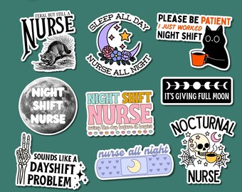 Sticker-Set für Nachtschicht-Krankenschwestern, Mondkatzen-Geschenk für Krankenschwestern (Digitaler Download)