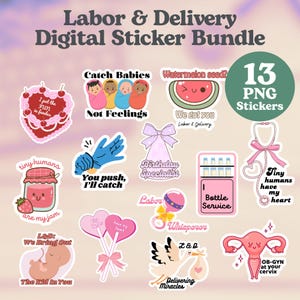 Lot d'autocollants infirmière pour le travail et l'accouchement – 13 images PNG rigolotes + feuille d'impression – sage-femme, infirmière obstétricienne, cadeau de naissance