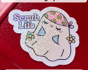 Scrub Life Sticker Holographic Floral Nurse Gift Water Bottle Laptop Decal