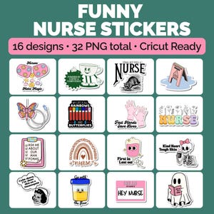 Puede incluir: Una colección digital de 16 diseños de pegatinas divertidas con temática de enfermería, con un total de 32 archivos PNG. Los gráficos presentan varias ilustraciones que incluyen una taza de café, un mapache, una mariposa y texto.