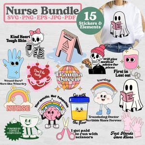 Retro Nurse Sticker Bundle: Funny Medical Clipart (SVG, PNG, EPS Files)