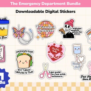 Puede incluir: Un conjunto de 11 pegatinas digitales con temas de urgencias. Las pegatinas incluyen una muestra de orina, una mariposa con tubos intravenosos, un globo terráqueo con el texto "Trauma Queen", un esqueleto comiendo pizza, una nube con un arcoíris, y más.
