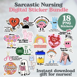 Paquete de pegatinas de enfermeras sarcásticas: 18 PNG + hoja imprimible. Descarga digital divertida para enfermeras, estudiantes de enfermería, enfermeras practicantes y regalos de humor para profesionales de la salud.