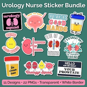 Puede incluir: Una colección de once pegatinas con temática de urología que incluyen riñones, vejigas y vasos de muestras ilustrados con textos como Urology Squad, Urine Good Hands, Keeping It Renal, Filter Out The Nonsense y Hello Ask Me About Your Prostate.