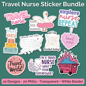 Pode incluir: Um conjunto de dez autocolantes com o tema de enfermagem de viagem, incluindo designs como um ganso numa boia, um mapa dos Estados Unidos, um estetoscópio, um contentor em chamas e frases como Travel Nurse, Charting New Paths e Explore Nurse Repeat.