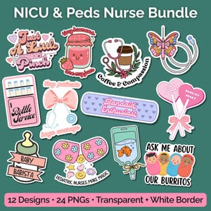 Könnte beinhalten: Eine Sammlung von 12 digitalen Aufklebern mit dem Titel NICU & Peds Nurse Bundle. Die Designs umfassen eine Spritze, ein Erdbeermarmeladenglas, ein Stethoskop mit Kaffee, einen Schmetterlings-Infusionsschlauch, einen Milch-Kühlschrank, eine Schleife, ein Pflaster, Herz-Lollis, eine Babyflasche, Pillen, einen Infusionsbeutel mit Goldfisch und vier gepuckte Babys.