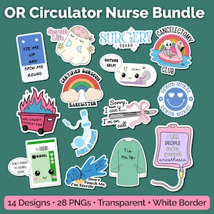May include: A collection of 14 stickers for nurses featuring medical themes, including a ghost, a skeleton on a flamingo, a dumpster fire, a scalpel, a surgical gown, and a glove, with various humorous phrases like Surgery Squad and Scrub Nurse.