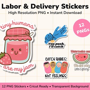 Pode incluir: Um conjunto de autocolantes Labor & Delivery com vários designs. Inclui um frasco com o texto "tiny humans are my jam", uma mão enluvada, uma fatia de melancia e bebés enrolados em cobertores. Os autocolantes são prontos para Cricut.