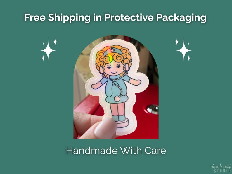 Nurse Doll Sticker, Nostalgic Holographic RN CNA Water-Resistant Vinyl Decal, Nurse Week Gift Bild 4