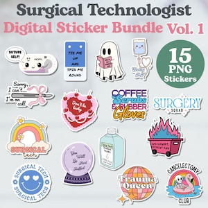 May include: A digital sticker bundle for surgical technologists. The stickers feature various designs, including a ghost reading a book, a cake, a rainbow, and text that says "Trauma Queen". The bundle includes 15 PNG stickers.