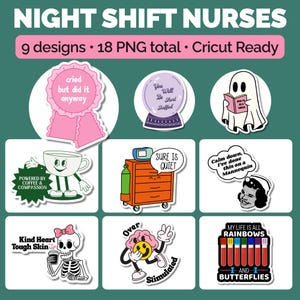 Night Shift Nurse Sticker Bundle PNG, Funny RN Overnight Nurse Gift, Cricut GoodNotes Download