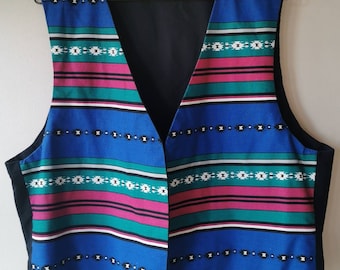VINTAGE 90s Tribal Vest Blue Green Pink Black White Striped Geometrical Sleeveless Top No Closure Waistcoat V Neck Retro Funky Colorful
