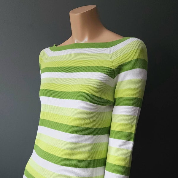 VINTAGE 00s Y2K Butterfly by Dalia Green and White Striped Ribbed Knit Top
