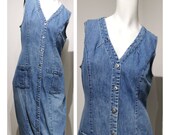 VINTAGE 90s Faded Glory Maxi Denim Jean Dress w Pockets Sleeveless Button Down Back Tie Cinched Waist Size 12 Large