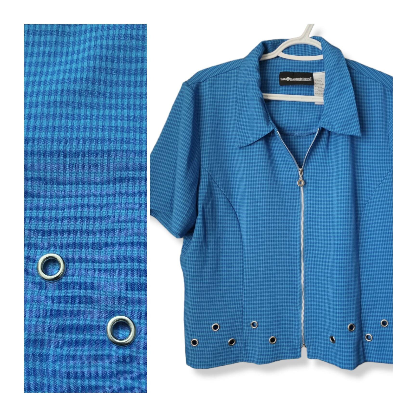 VINTAGE 90s Sag Harbour Blue Checkered Short Sleeve Zip Top