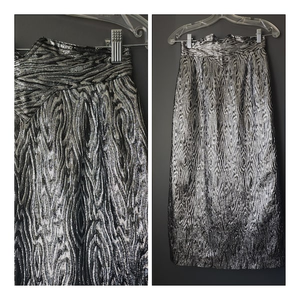 VINTAGE 80s Simon Chang Diffusion Silver Metallic Skirt High Waisted Wood Grain Swirl Pattern