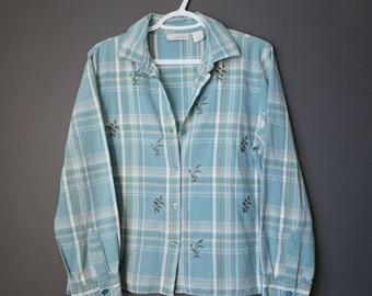VINTAGE 90s Carroll Reed Pastel Pale Turquoise Plaid & Floral Embroidered Button Down