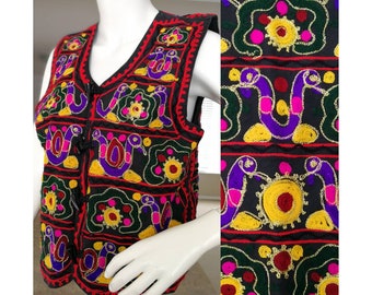 VINTAGE 80s Embroidered Vest Made in India Instyle New York Sleeveless Boho Festival Top Psychedelic Rainbow Black Red Purple Yellow Gold