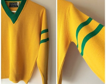 VINTAGE 70s Blair Crests & Sportswear Yellow Green Knit Athletic Sweater V Neck Pullover Varsity Sport Retro Long Sleeve  Top Kelowna BC