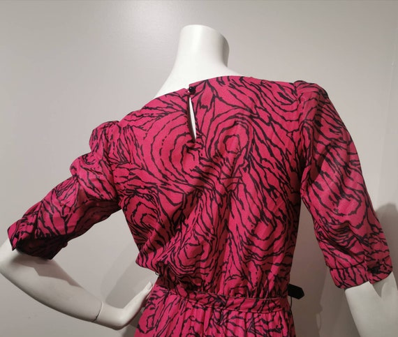 VINTAGE 80s Pink and Black Striped Belted Dress H… - image 5