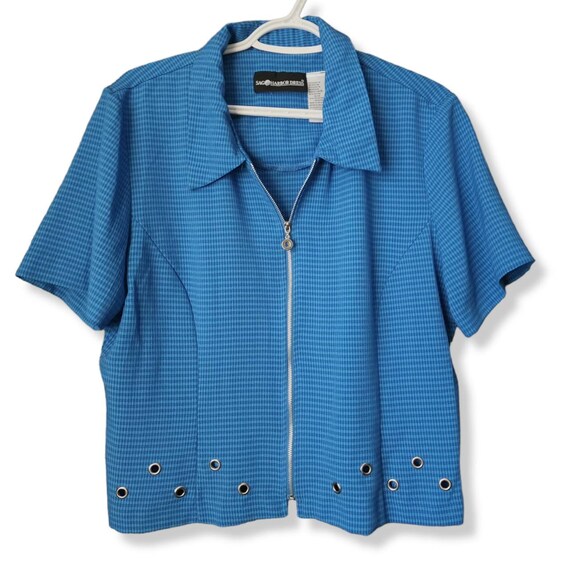 VINTAGE 90s Sag Harbour Blue Checkered Short Sleeve Zip Top Jacket 