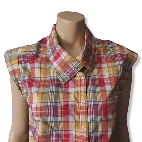 Ben Sherman, VINTAGE 90s Ben Sherman Cotton Plaid Sleeveless High Snap Neck Collared Top