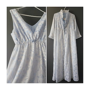 VINTAGE 60s 70s Bards Canada Stunning White and Baby Blue Dress and Robe Set 2 Piece Floral Semi Sheer Long Dreamy House Coat & Dress