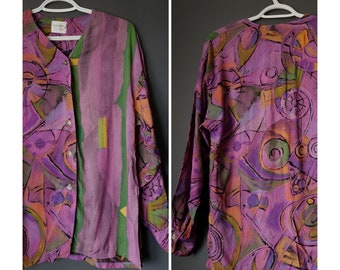 VINTAGE 90s Braydon Weekend Funky Long Sleeve Button Down Blouse Abstract Artsy Pattern Bold Loud Purple Pink Green Orange Retro Shirt