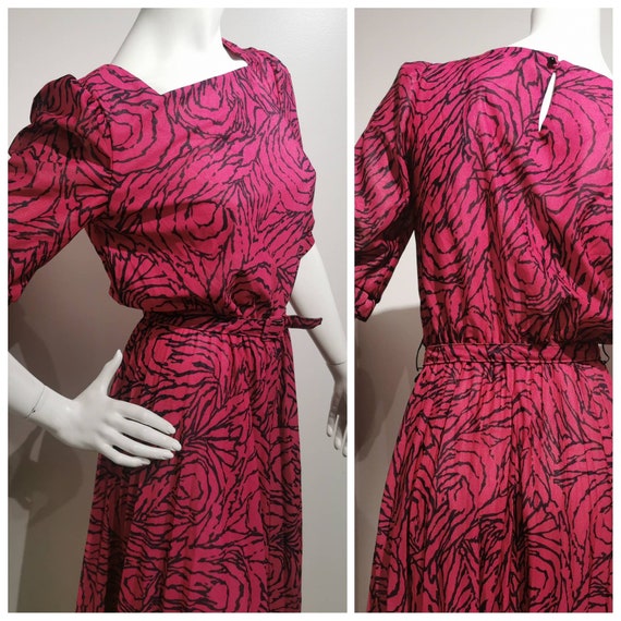 VINTAGE 80s Pink and Black Striped Belted Dress H… - image 1