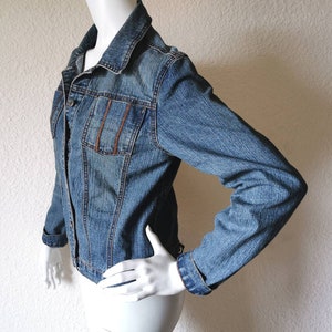 VINTAGE Late 90s Y2K 2000s Access Jeans AC 3998 Jean Jacket Denim Coat Pop Star Western Blue Long Sleeve Button Up Chic Crop Paneled