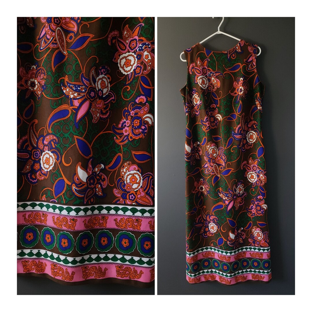 Vintage 70s Mod Dress Psychedelic Orange Purple Pop Art M