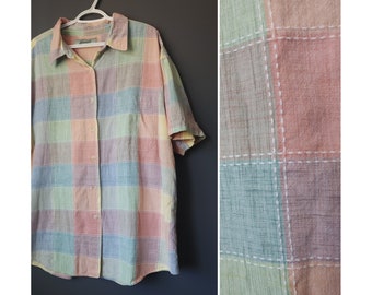 VINTAGE 90s Penmans Plus Rainbow Plaid Pastel Button Down Blouse Short Sleeved Top