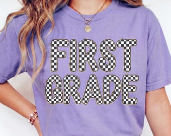 Checkered First Grade Teacher Shirt, Comfort Colors Teacher Shirt, 1st Grade Shirt, Matching Teacher Team Shirt, Back to School Tshirt