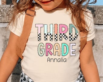 Personalized Third Grade Girl Shirt, Custom Name School Shirt, Checkered 3rd Grade Shirt, Back To School Shirt, First Day Of School tee