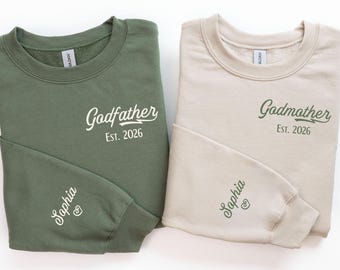 Personalized Godmother & Godfather Sweatshirt, Baptism gift, Godparents gift, Godchild Name on Sleeve, Newborn Gifts