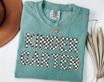 Checkered Kindergarten Teacher Shirt, Comfort Color® Teacher Tshirt, Back to School tee, Kindergarten Team Shirts, Classroom Teacher Gift