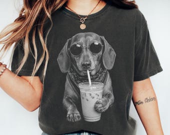Comfort Colors® Dachshund Coffee Shirt, Funny Dachshund Tee, Iced Coffee Dog Shirt, Dog Mom Gift, Dachshund Lover Tee