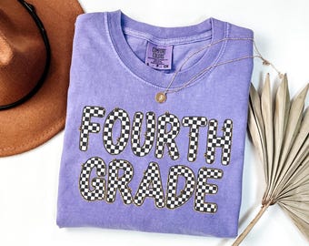 Checkered Fourth Grade Teacher Shirt, Comfort Color Teacher Tshirt, Back to School Shirt,4th Grade Team Shirts, Grade Level Teacher Gift