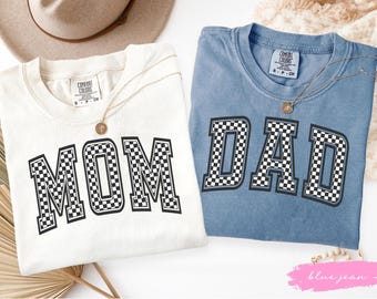 Custom Comfort Colors® Checkered Mom and Dad shirts, Gift for Mom and dad, Pregnancy Announcement Tee, Matching Parents Gifts