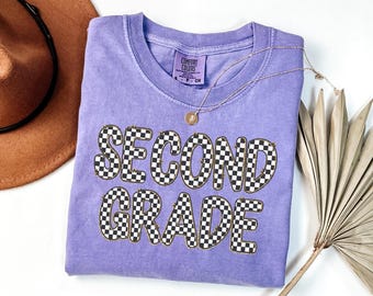 Checkered Second Grade Teacher Shirt, Comfort Colors Teacher Shirt, 2nd Grade Shirt, Matching Teacher Team Tee, Back to School Teacher Gift