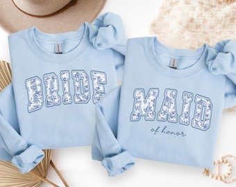 Floral Bride Maid of honor Sweatshirt, Wedding Party Crewneck, Matching Bridesmaid Sweaters, Bridal Shower Gifts, custom Bride Tee