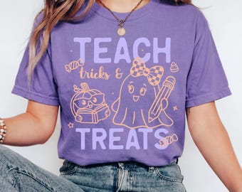 Halloween Teacher Shirt, Teach Tricks and Treats Shirt, Preschool Teacher Tee, Kindergarten Teacher Shirt, Cute Teacher Gift