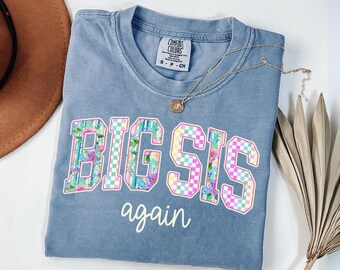 Comfort Colors Big Sis Shirt, Personalized Big Sister Tee, Pregnancy Announcement Shirt, Floral Kids Sibling Outfit, Checkered sister shirt