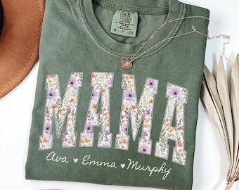 Floral Mama Comfort colors Shirt, Custom Mama Tshirt, Mother's day mom Crewneck, Personalized with kids names, Birthday mama gift