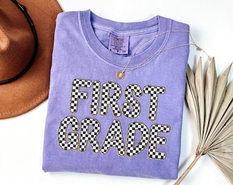Checkered First Grade Teacher Shirt, Comfort Colors Teacher Shirt, 1st Grade Shirt, Matching Teacher Team Shirt, Back to School Tshirt