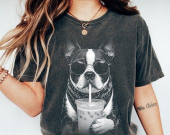 Comfort Colors® Boston Terrier Coffee Shirt, Funny Boston Terrier Tee, Iced Coffee Dog Shirt, Dog Mom Gift, Boston Terrier Lover Graphic Tee