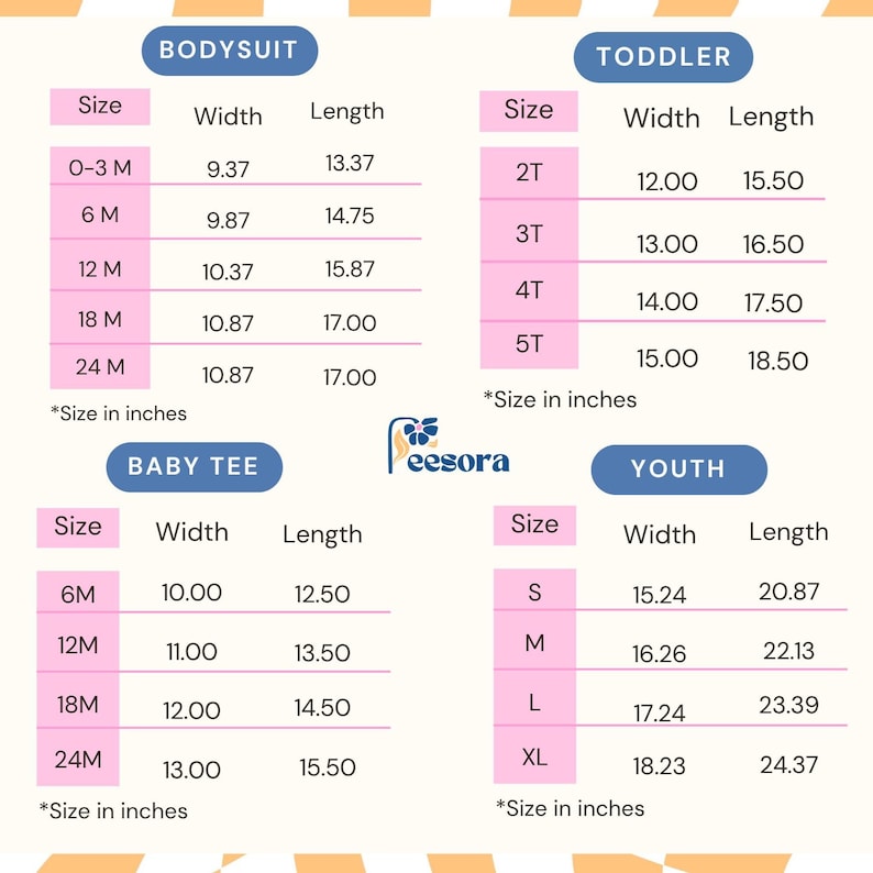 Puede incluir: Una tabla de tallas de ropa para beb&eacute;s y j&oacute;venes, con medidas en pulgadas. La tabla incluye tallas para bodies, camisetas de beb&eacute;, ni&ntilde;os peque&ntilde;os y j&oacute;venes. El logotipo de la marca "Peesora" es visible.