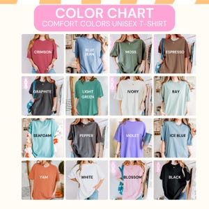 Puede incluir: Una carta de colores para camisetas unisex Comfort Colors que muestra diecis&eacute;is colores diferentes etiquetados como Crimson, Blue Jean, Moss, Espresso, Graphite, Light Green, Ivory, Bay, Seafoam, Pepper, Violet, Ice Blue, Yam, White, Blossom y Black.
