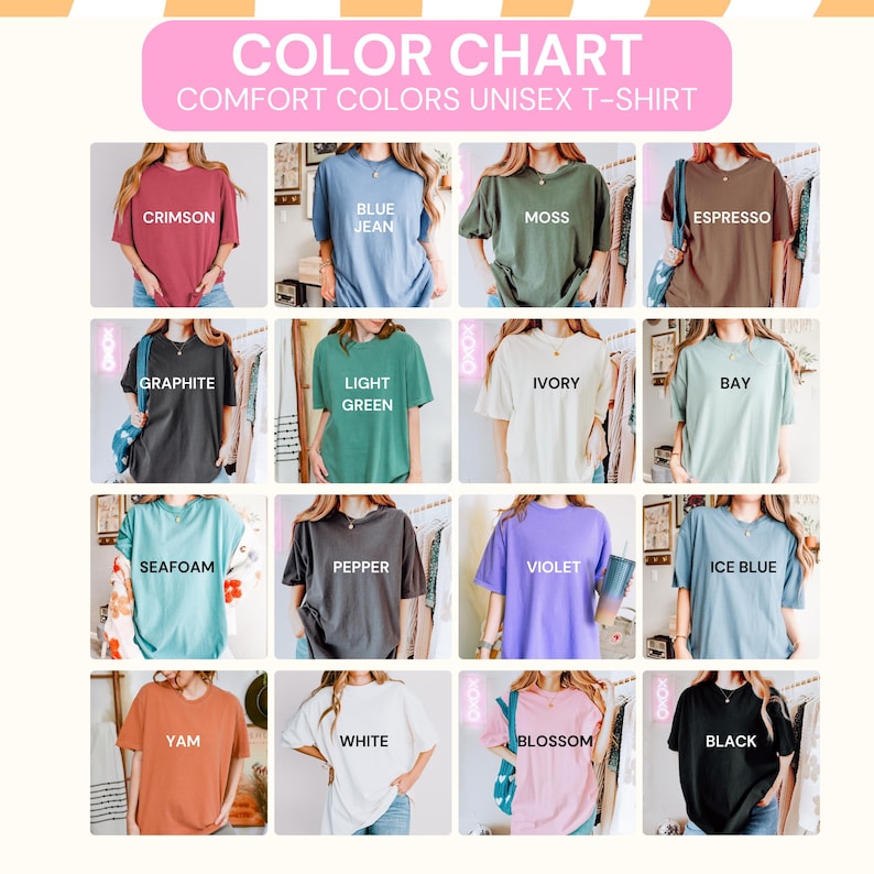 Puede incluir: Una carta de colores para camisetas unisex Comfort Colors que muestra diecis&eacute;is colores diferentes etiquetados como Crimson, Blue Jean, Moss, Espresso, Graphite, Light Green, Ivory, Bay, Seafoam, Pepper, Violet, Ice Blue, Yam, White, Blossom y Black.