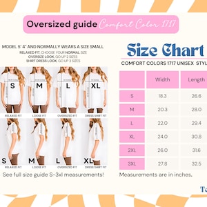Puede incluir: Una gu&iacute;a de tallas para camisetas unisex Comfort Colors 1717 con una tabla que muestra medidas de ancho y largo en pulgadas. El gr&aacute;fico muestra varios ejemplos de ajuste desde la talla S a la XL, incluyendo estilos holgados y largos.